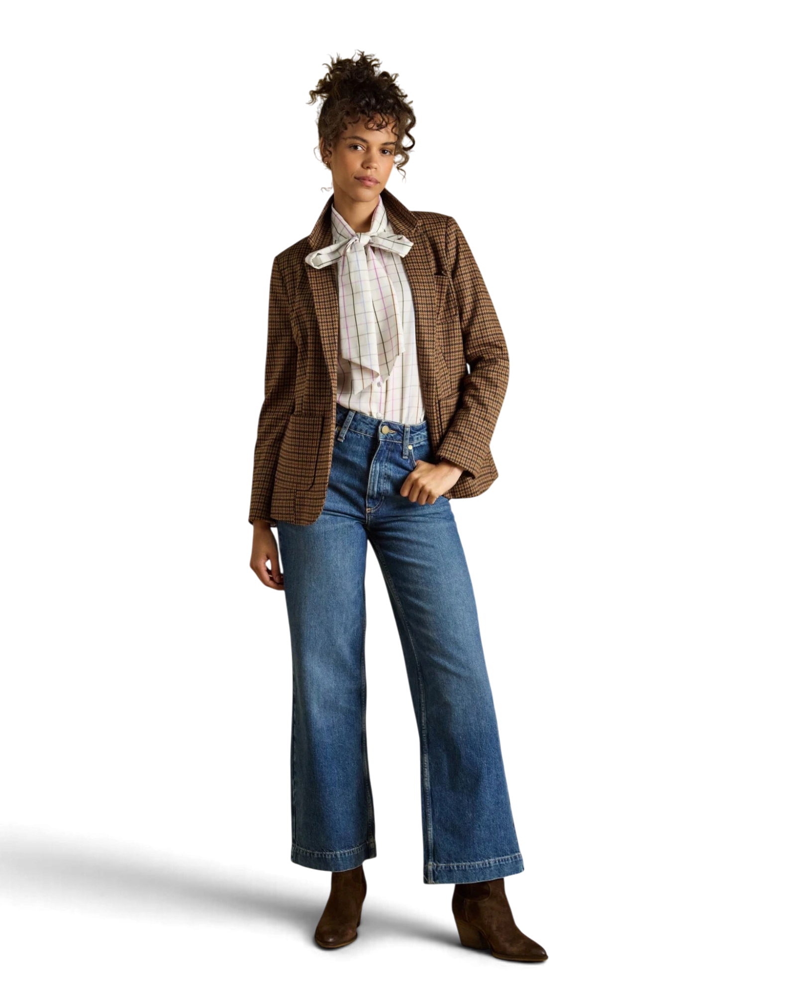 Tabby Tie Neck Blouse - Cream Tattersall Check