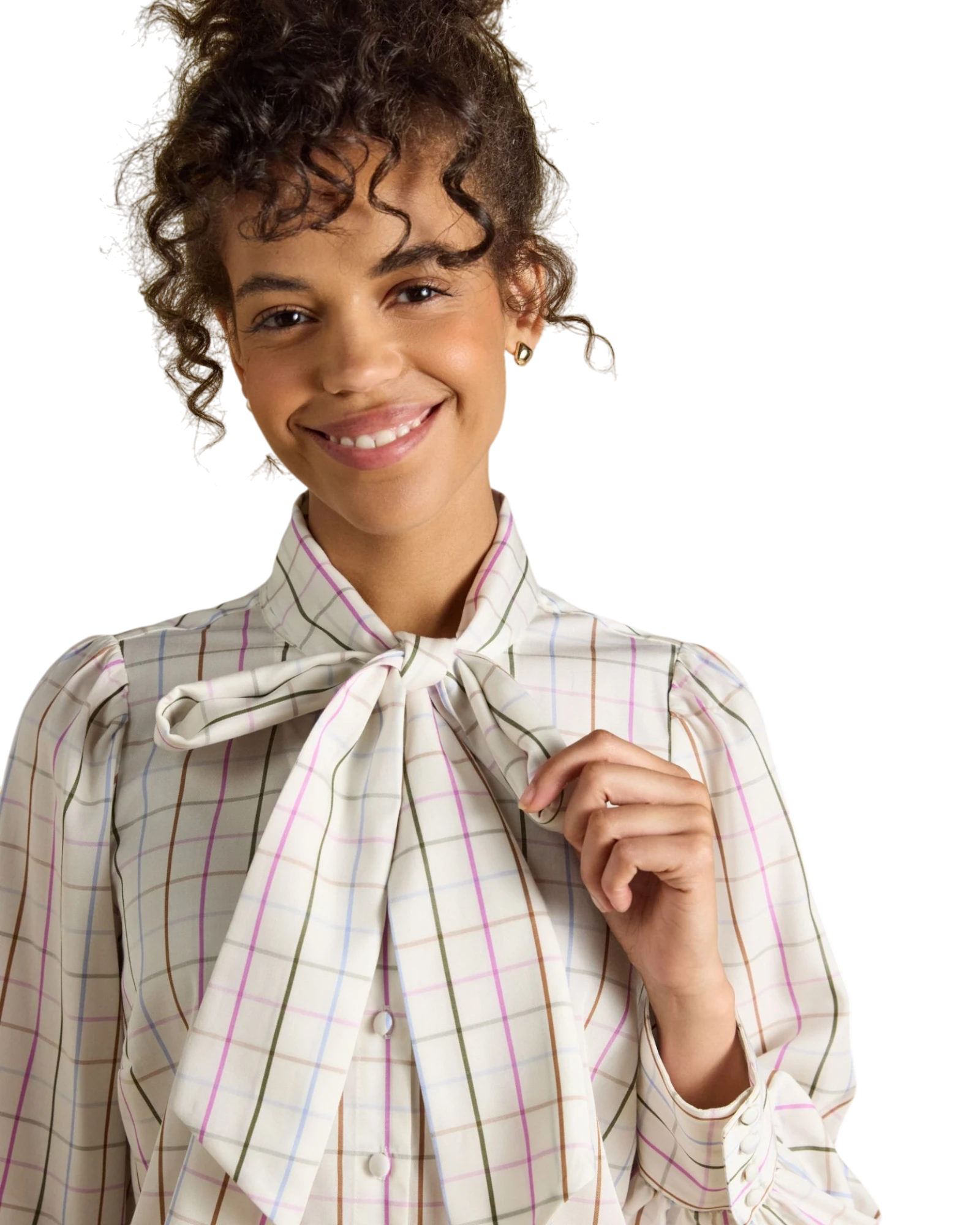 Tabby Tie Neck Blouse - Cream Tattersall Check