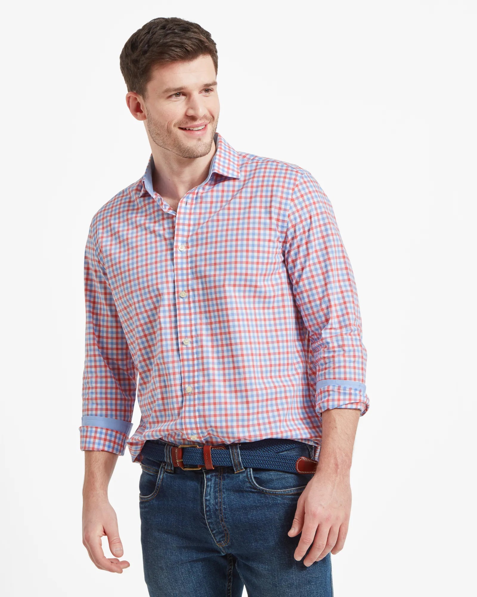 Hebden Tailored Shirt - Sun Coral/Sky Blue Check