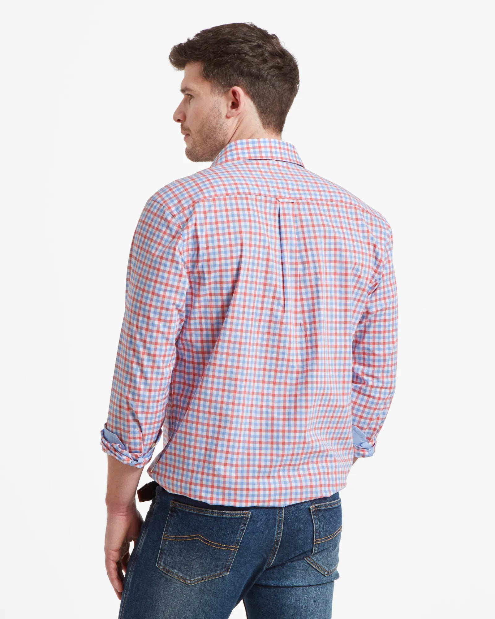 Hebden Tailored Shirt - Sun Coral/Sky Blue Check