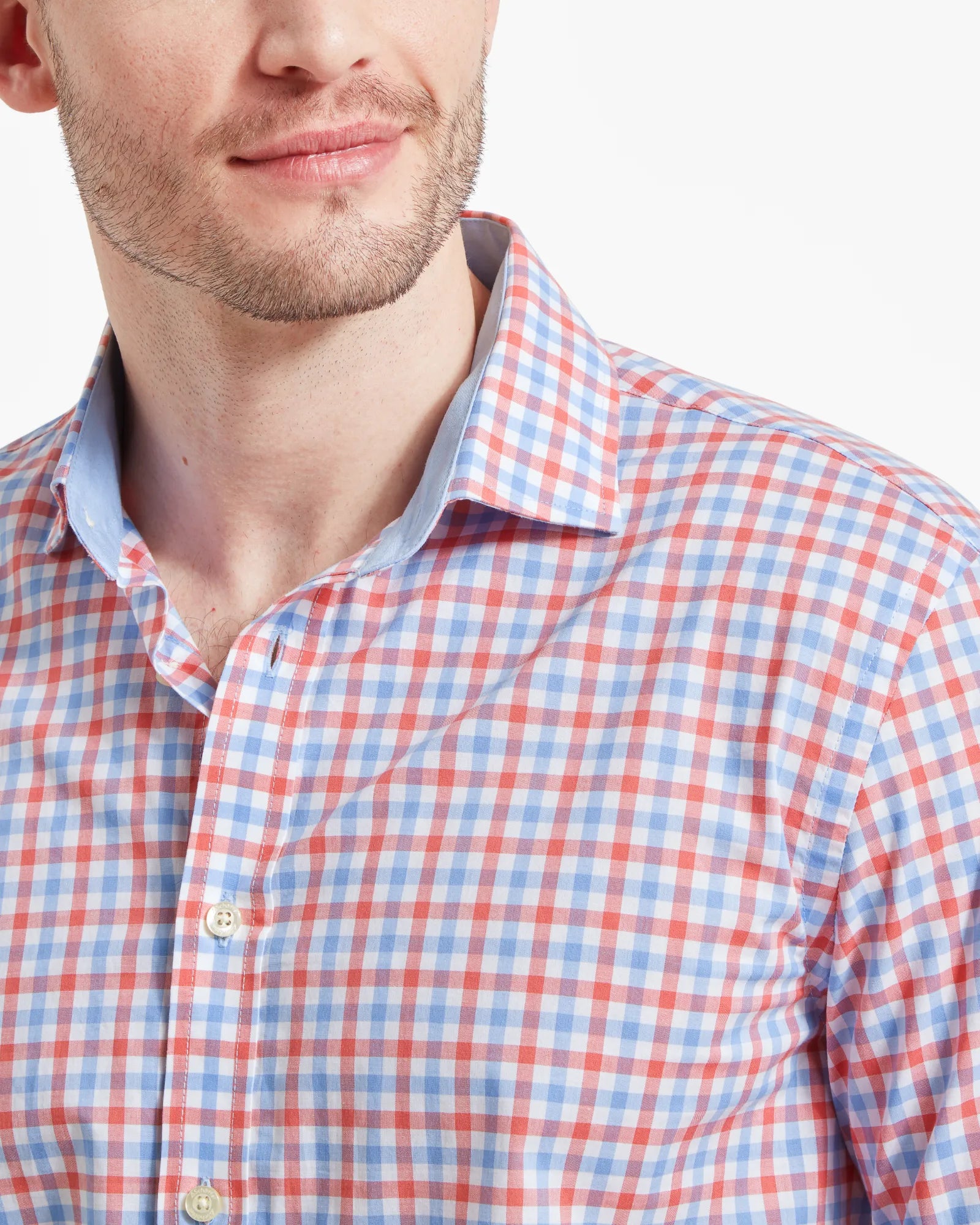 Hebden Tailored Shirt - Sun Coral/Sky Blue Check