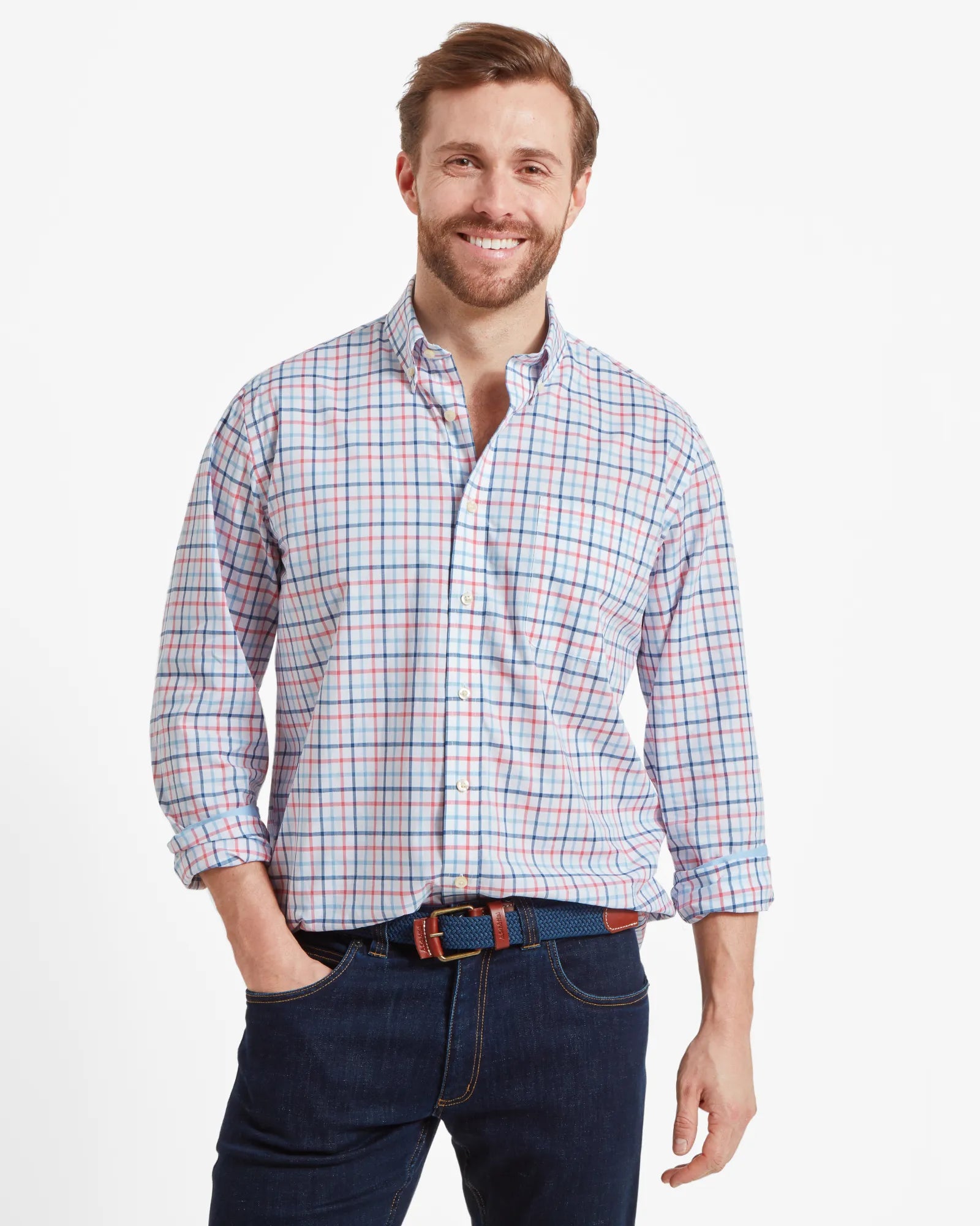 Holkham Classic Shirt - French Navy/Sky Blue/Sun Coral