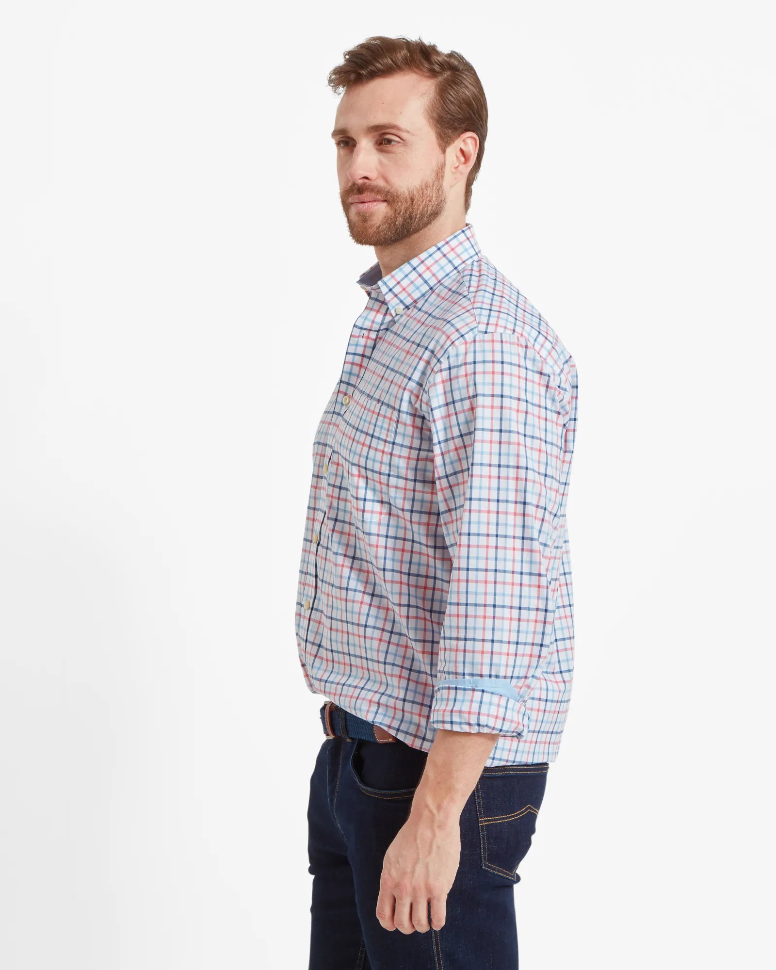 Holkham Classic Shirt - French Navy/Sky Blue/Sun Coral