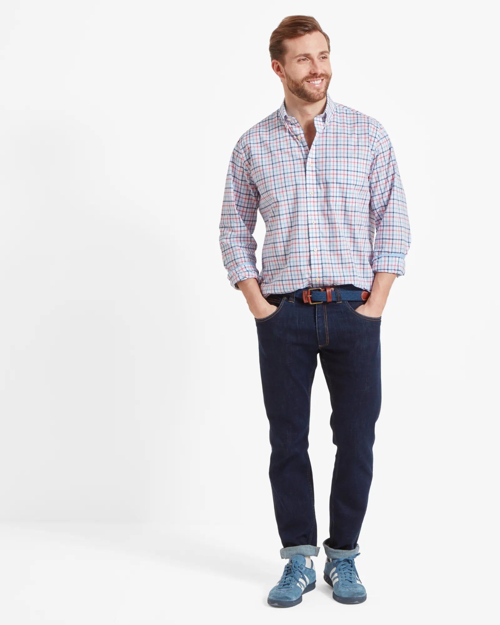 Holkham Classic Shirt - French Navy/Sky Blue/Sun Coral