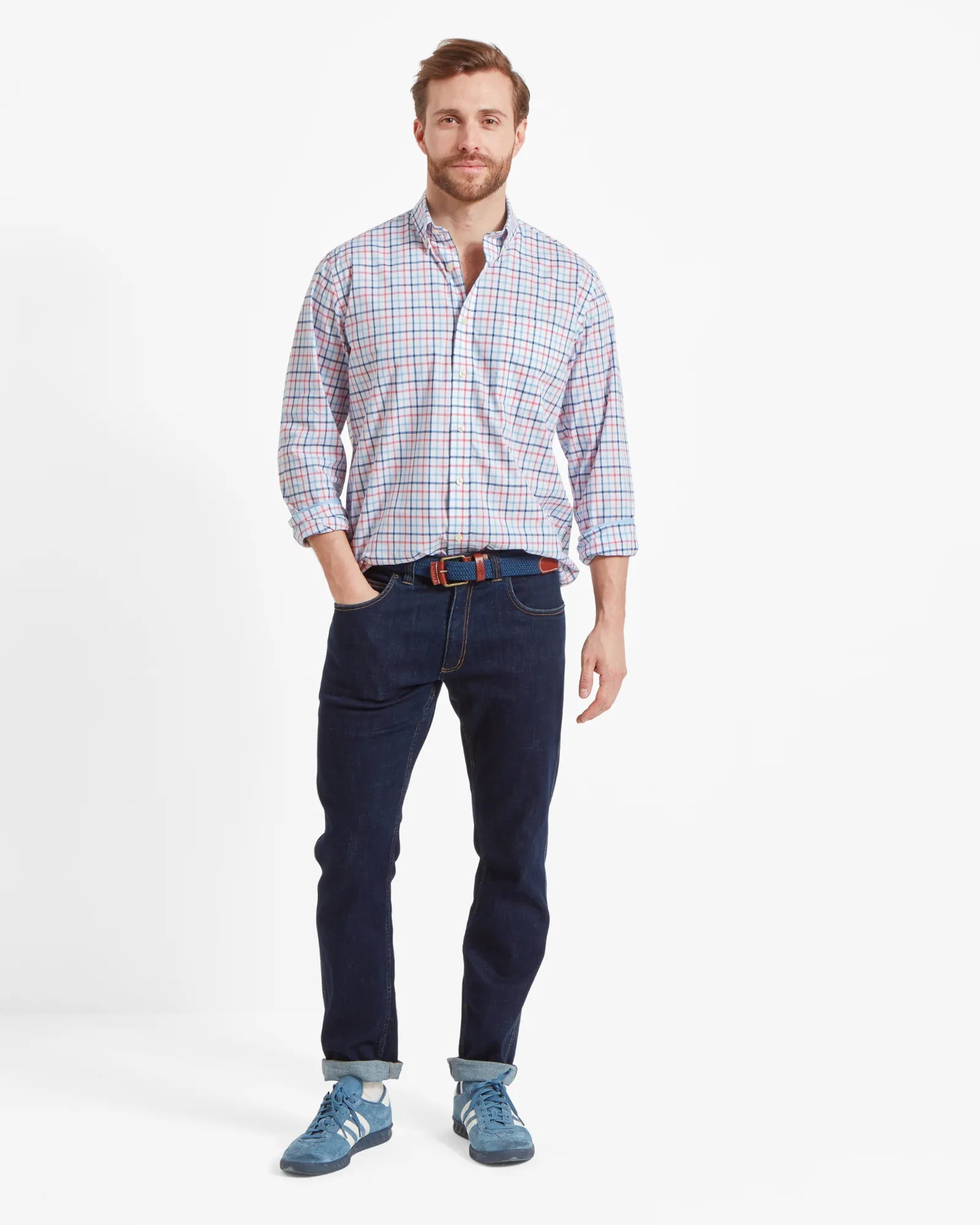 Holkham Classic Shirt - French Navy/Sky Blue/Sun Coral
