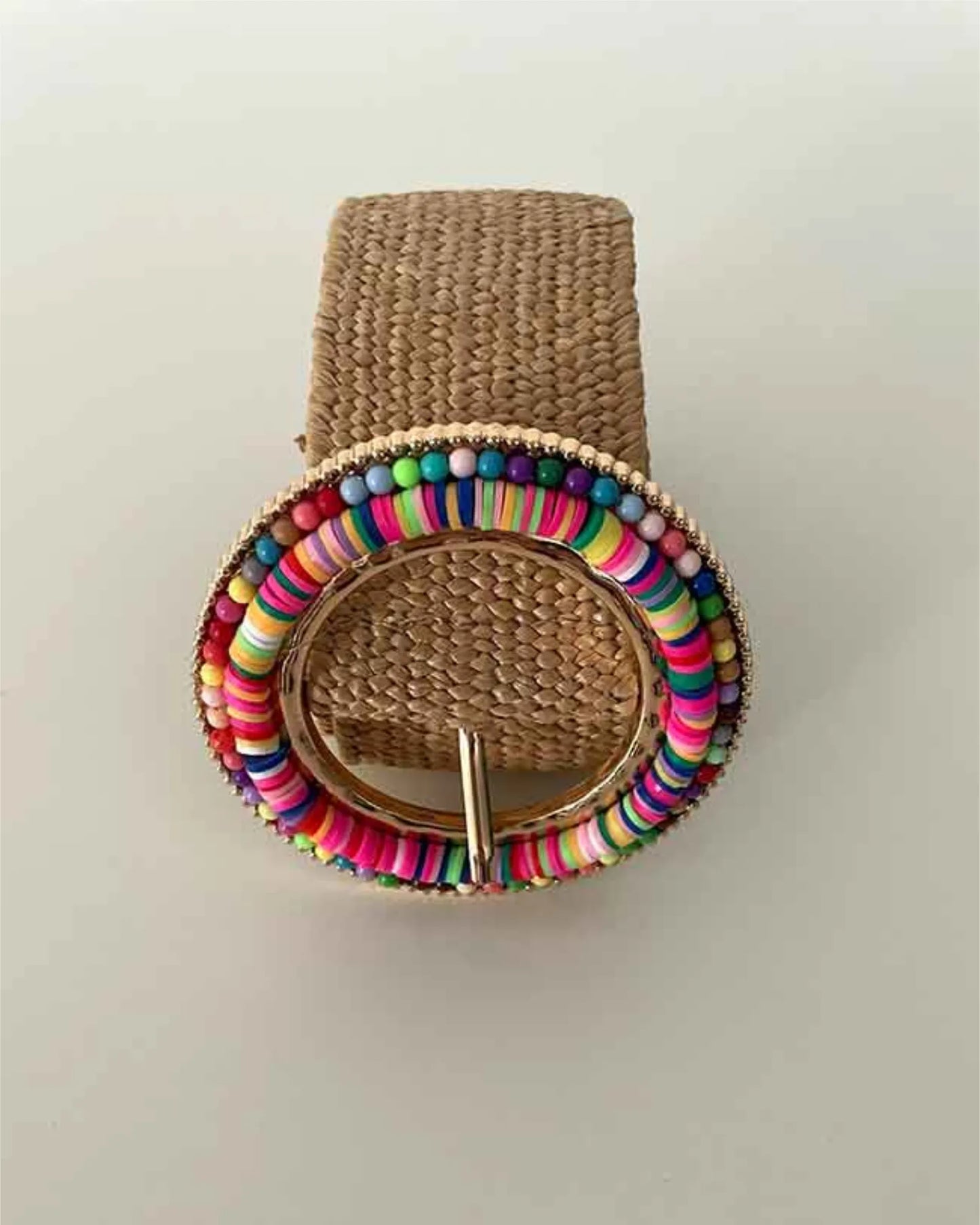 Decorated Ring Buckle Raffia Belt - Straw/Multi