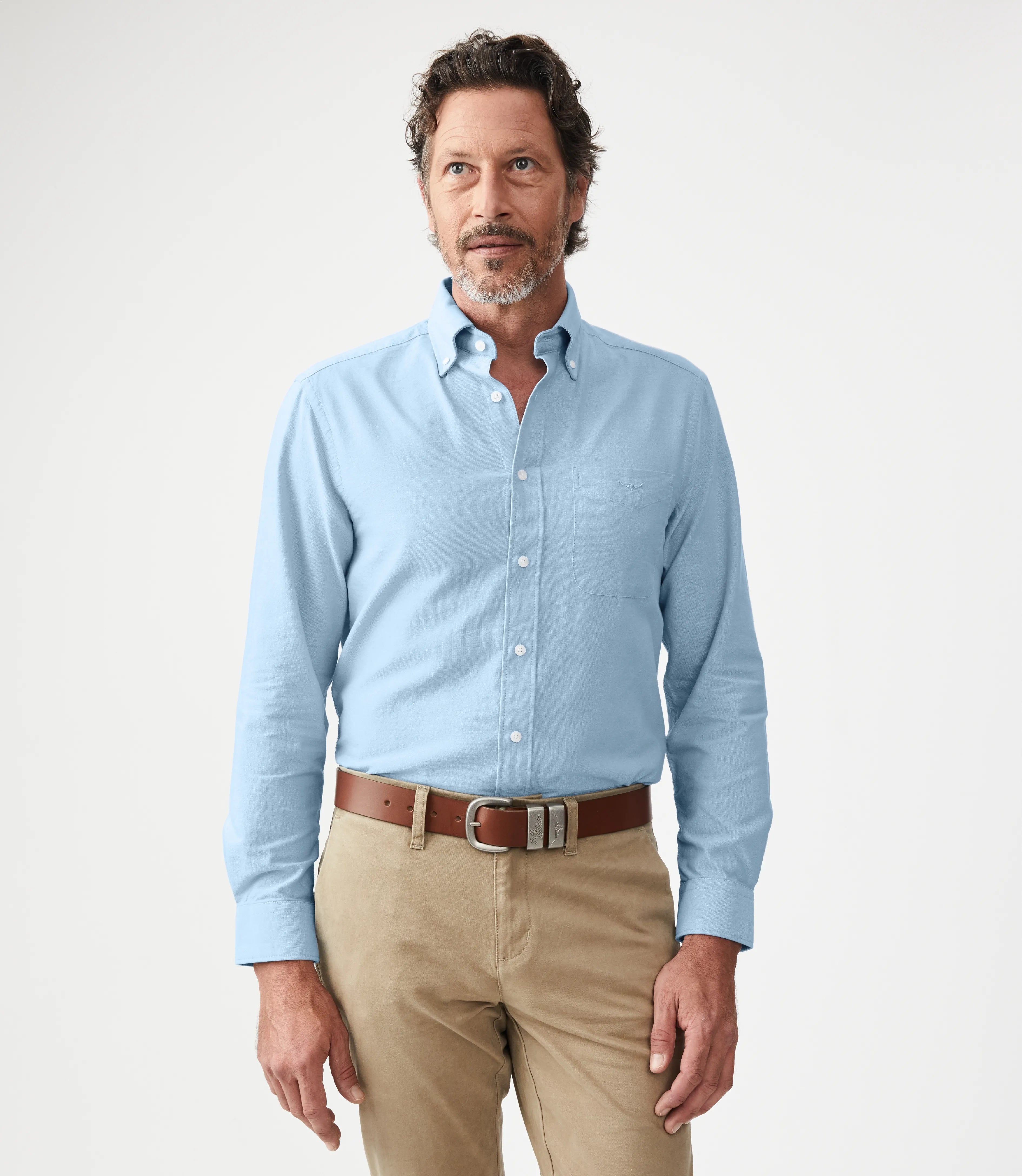 Male Model Wearing RMWilliams Collins Button Down Shirt in Light Blue