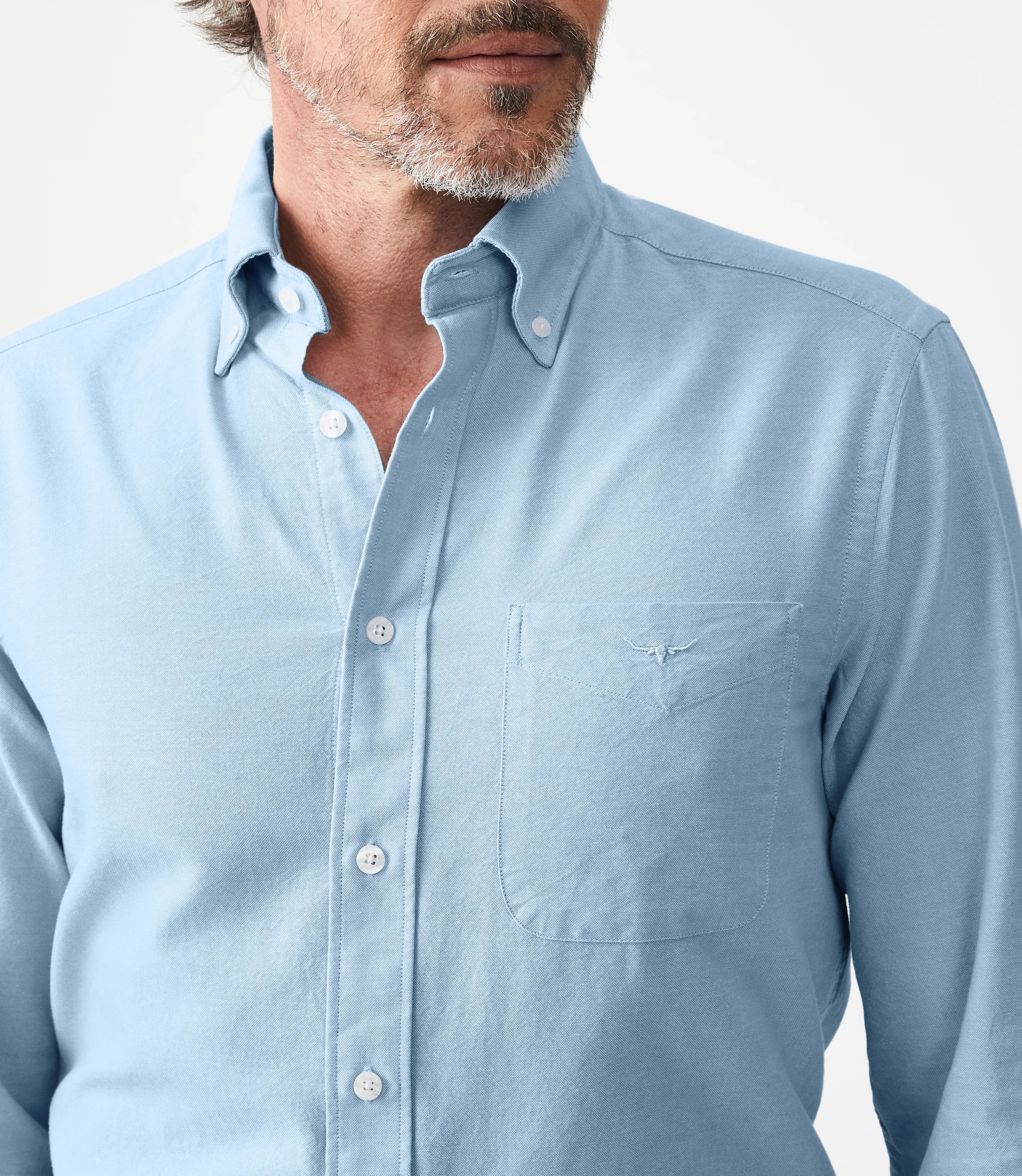 Male Model Wearing RMWilliams Collins Button Down Shirt in Light Blue