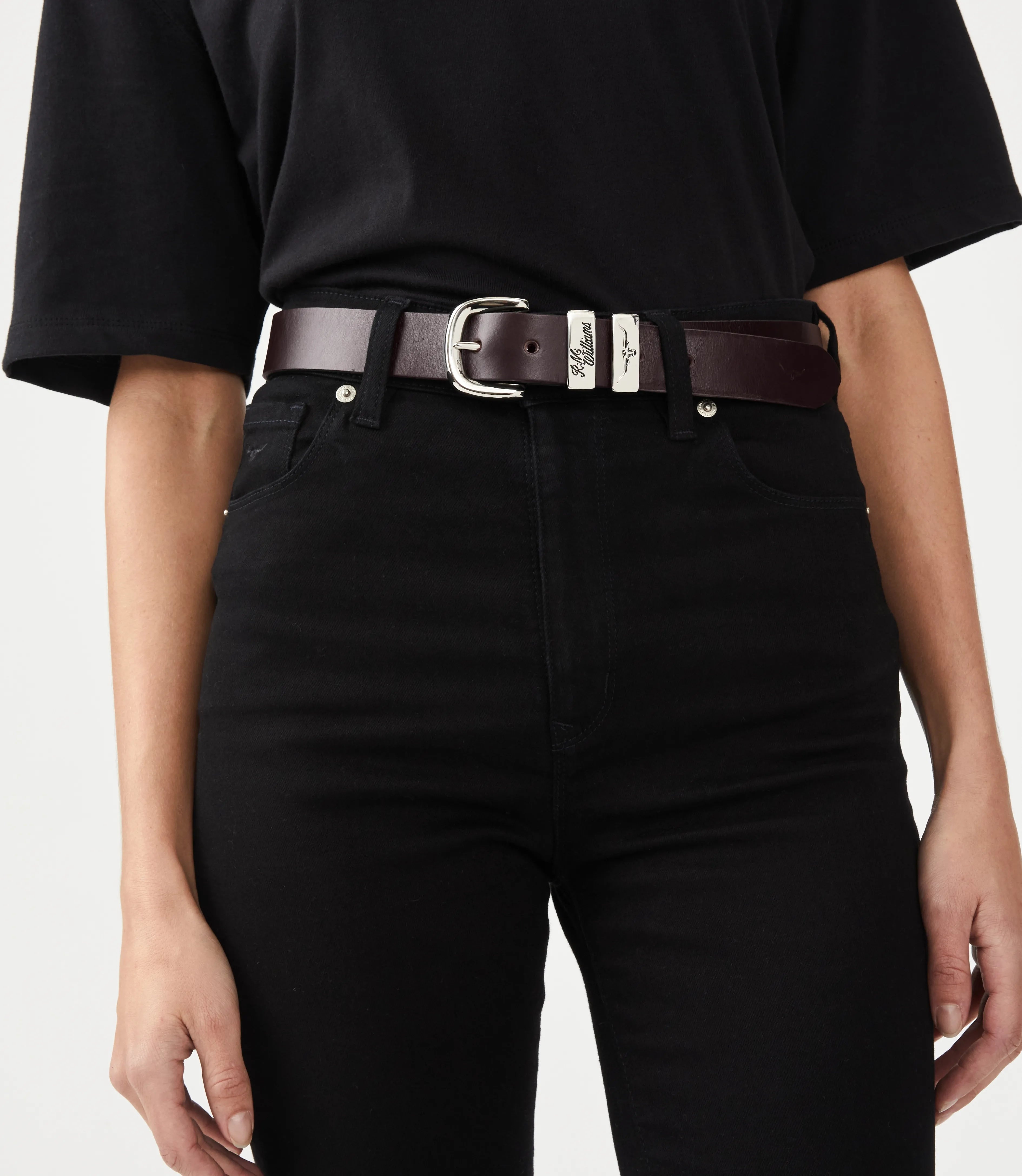 Female Model Wearing R.M.Williams 3 Piece Solid Hide Belt in Dark Tan