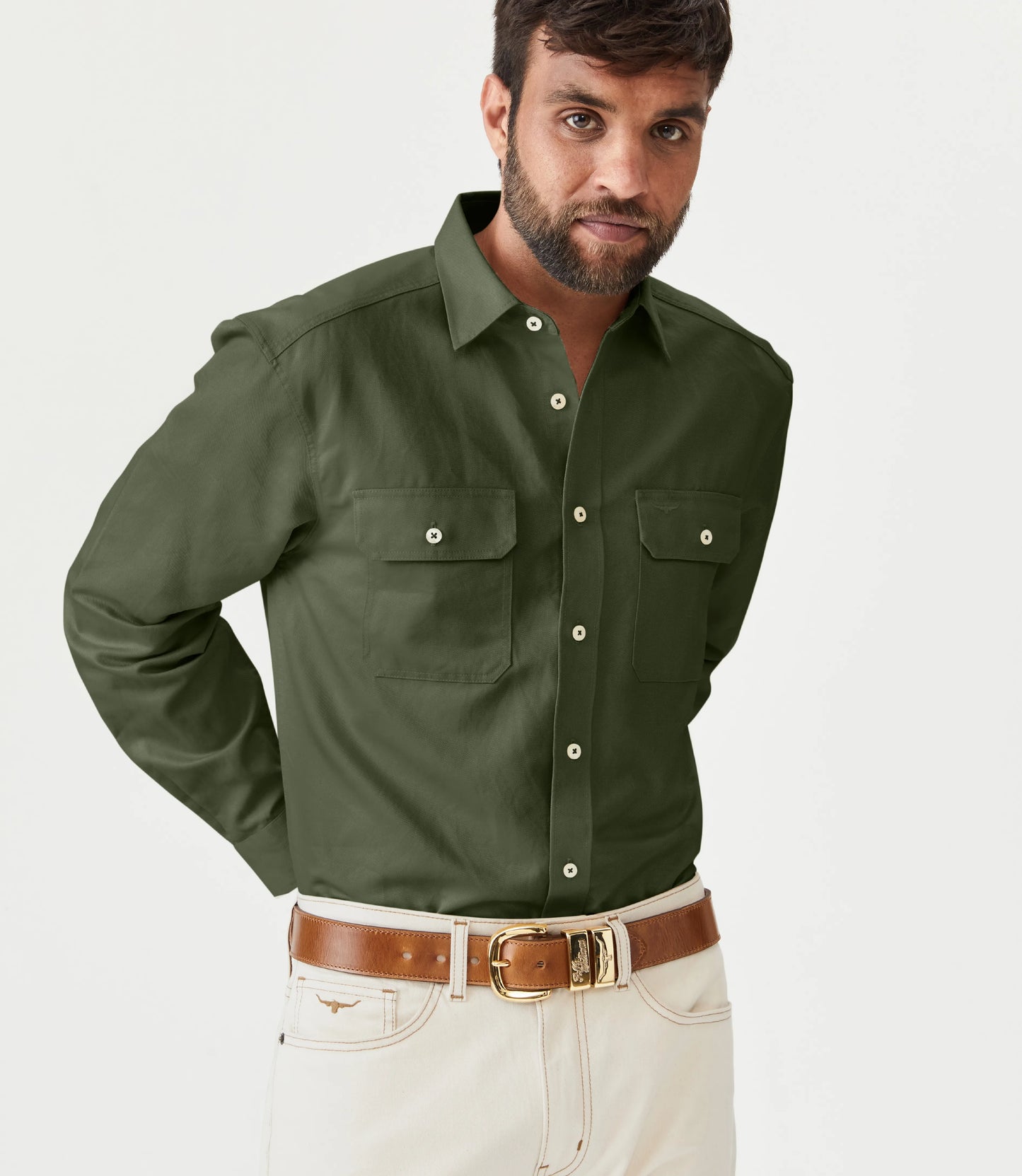 Male Model Wearing R.M.Williams Bourke Workshirt in Khaki