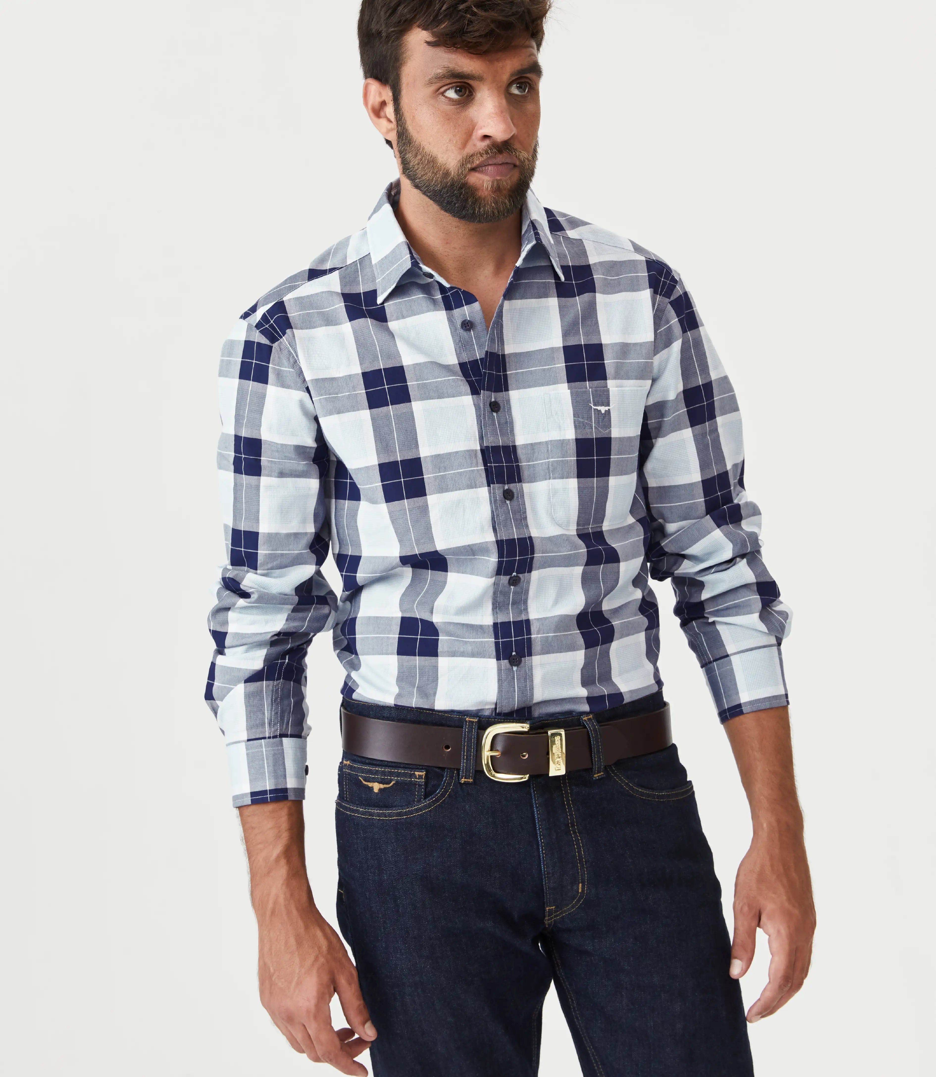 Male Model Wearing RMWilliams Collins Shirt in Blue, Navy & White