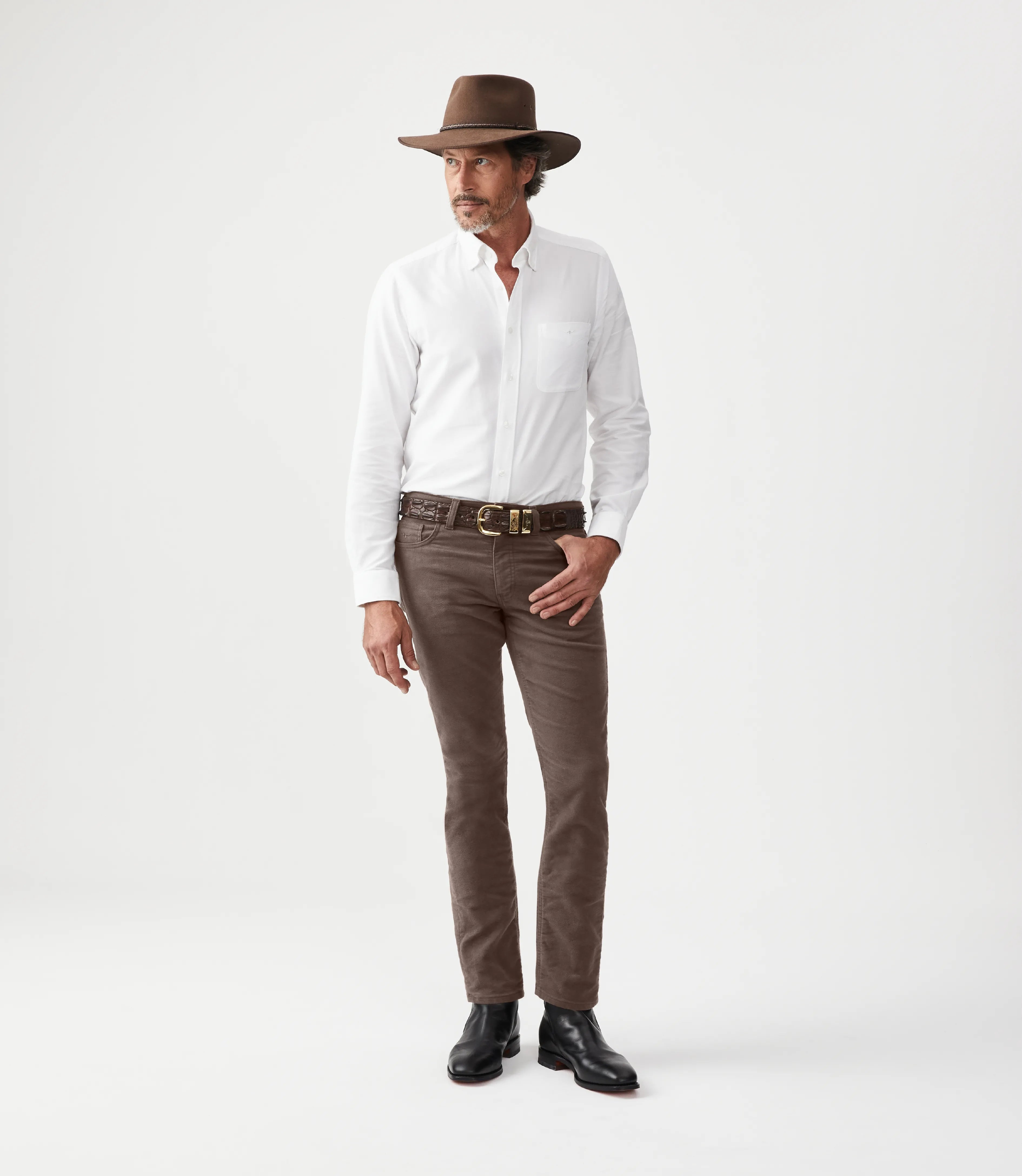 Male Model Wearing RMWilliams Ramco Jean in Taupe