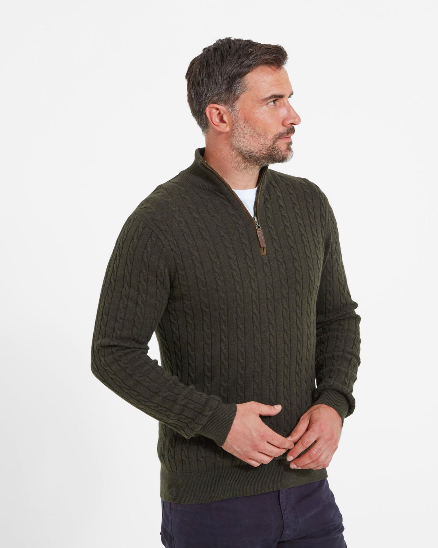 Cotton Cashmere Cable 1/4 Zip Jumper - Loden Green