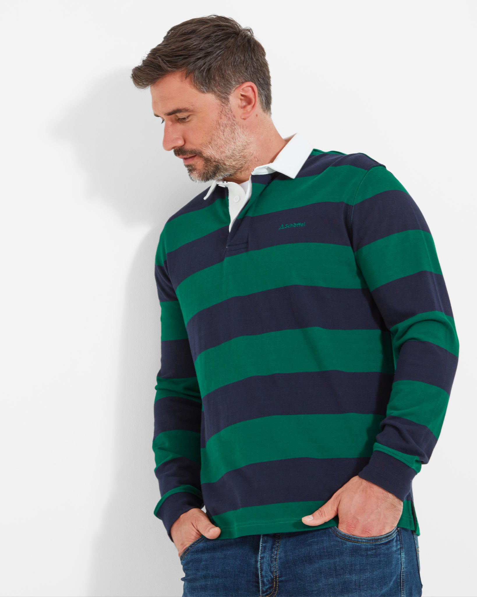 St Mawes Rugby Shirt - Navy/Green Stripe